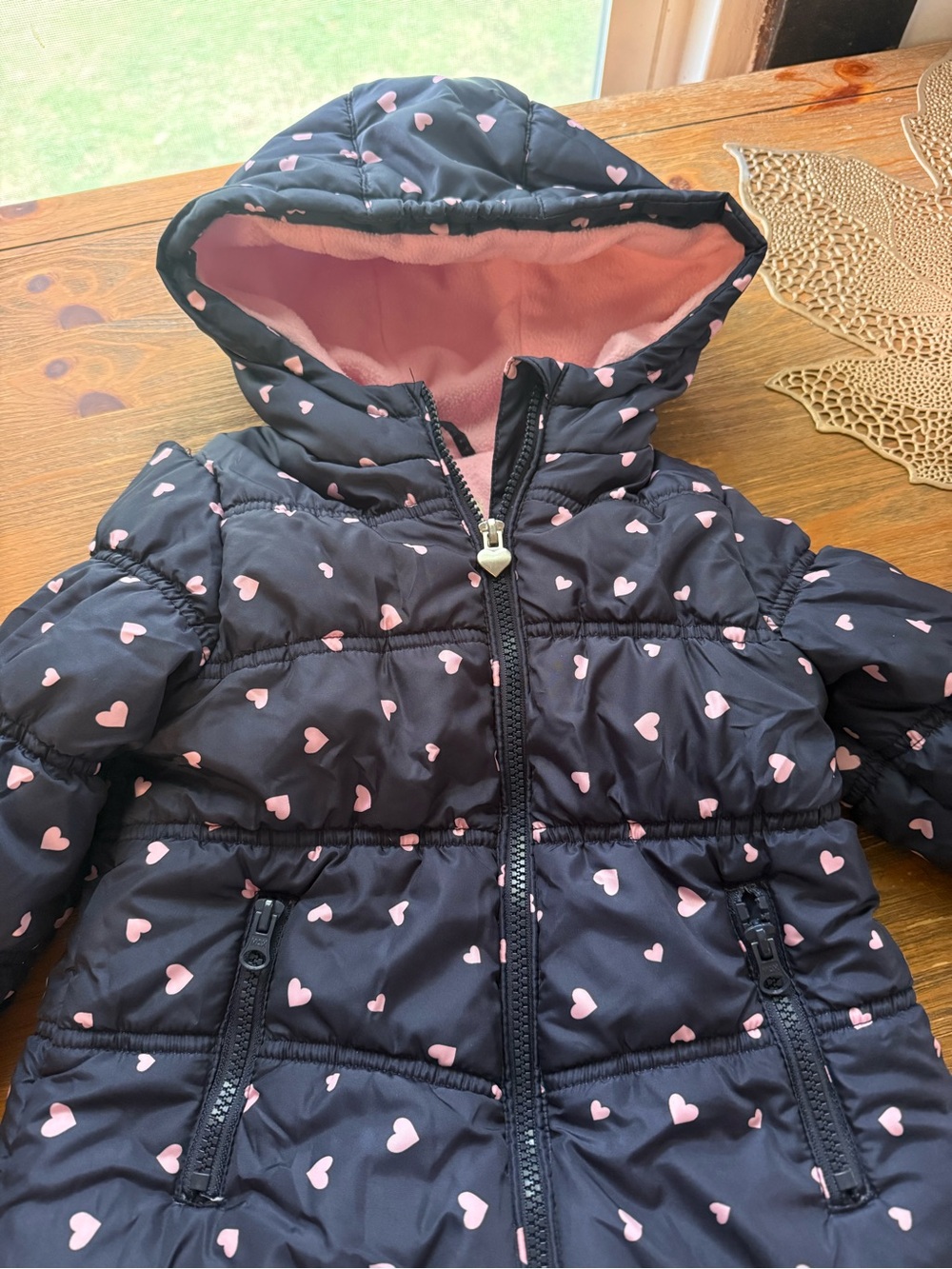 OshKosh B'gosh Black Puffer Jacket with Pink Heart Print